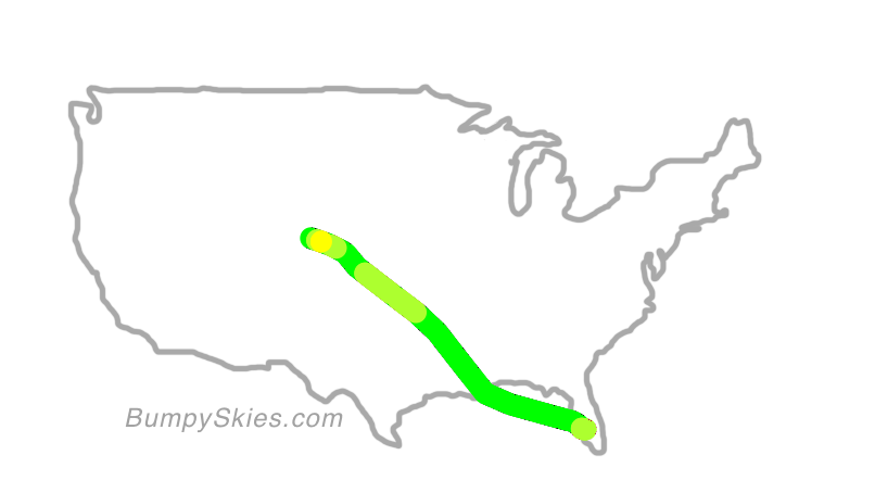 Map of continental US with illustrated flight path and turbulence forecast (described in text below)