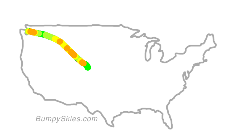 Map of continental US with illustrated flight path and turbulence forecast (described in text below)