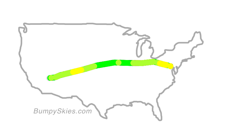 Map of continental US with illustrated flight path and turbulence forecast (described in text below)