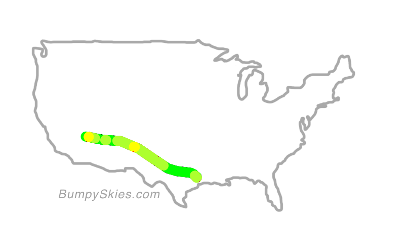 Map of continental US with illustrated flight path and turbulence forecast (described in text below)