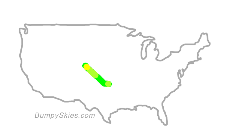 Map of continental US with illustrated flight path and turbulence forecast (described in text below)