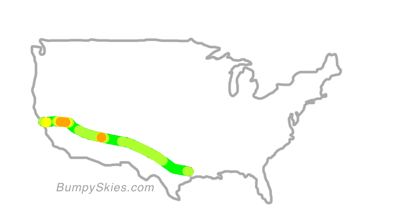 Map of continental US with illustrated flight path and turbulence forecast (described in text below)