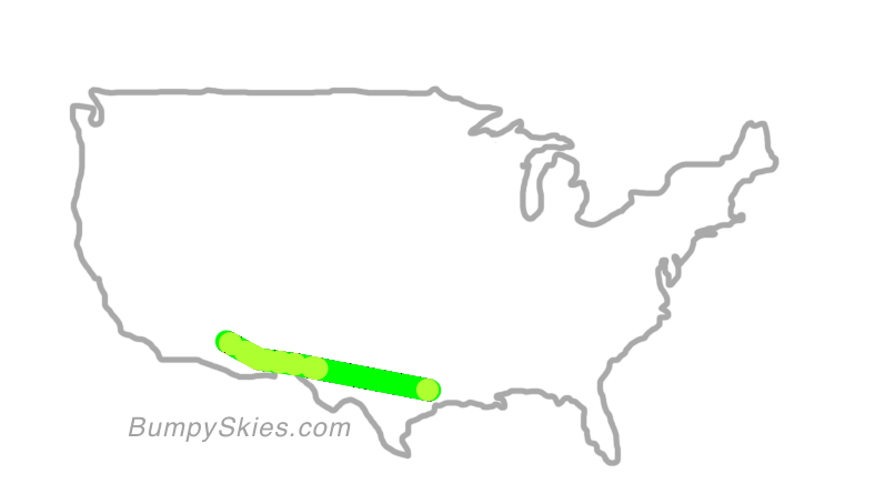 Map of continental US with illustrated flight path and turbulence forecast (described in text below)