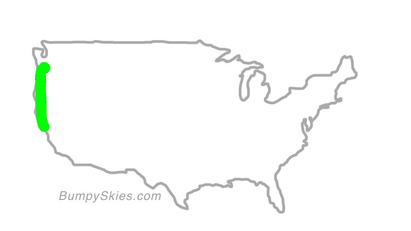 Map of continental US with illustrated flight path and turbulence forecast (described in text below)