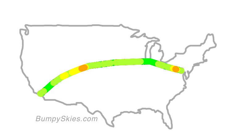 Map of continental US with illustrated flight path and turbulence forecast (described in text below)