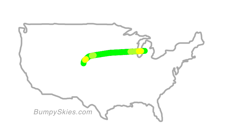 Map of continental US with illustrated flight path and turbulence forecast (described in text below)