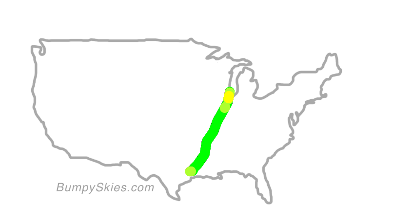 Map of continental US with illustrated flight path and turbulence forecast (described in text below)