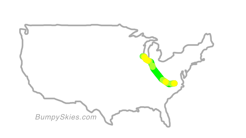 Map of continental US with illustrated flight path and turbulence forecast (described in text below)