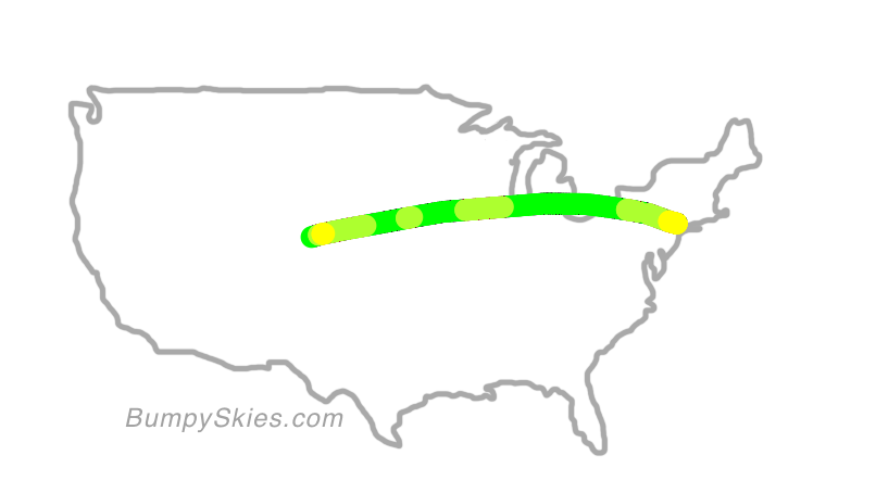 Map of continental US with illustrated flight path and turbulence forecast (described in text below)