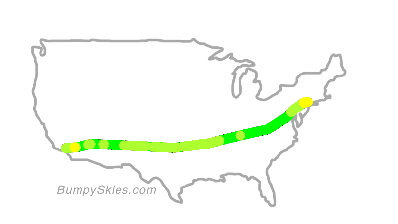 Map of continental US with illustrated flight path and turbulence forecast (described in text below)