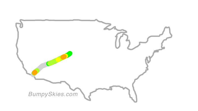 Map of continental US with illustrated flight path and turbulence forecast (described in text below)