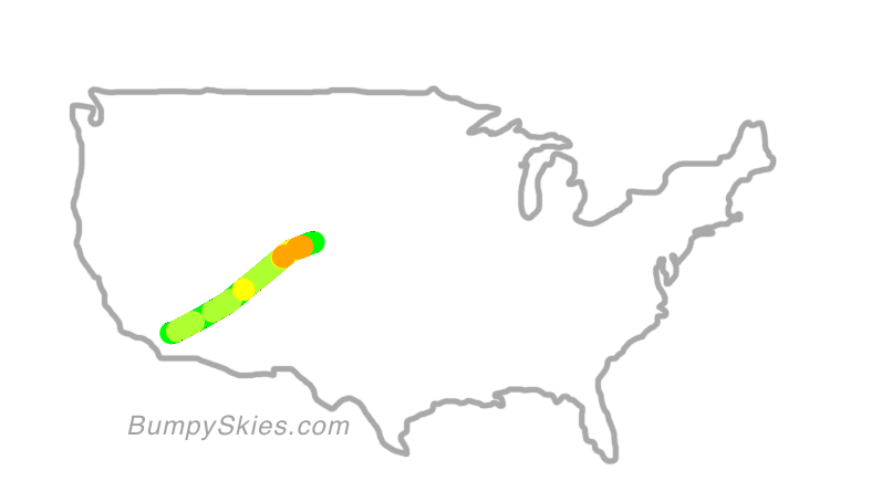 Map of continental US with illustrated flight path and turbulence forecast (described in text below)