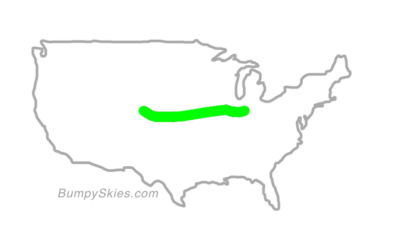 Map of continental US with illustrated flight path and turbulence forecast (described in text below)