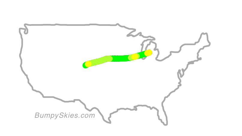 Map of continental US with illustrated flight path and turbulence forecast (described in text below)