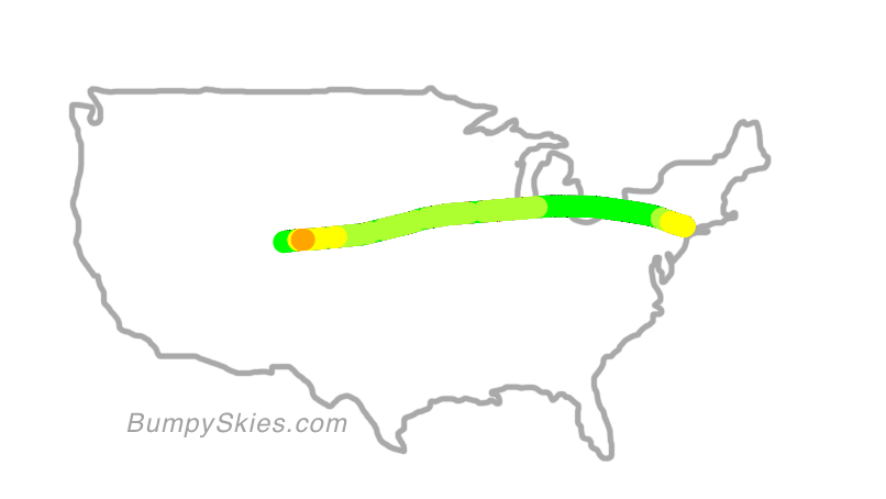 Map of continental US with illustrated flight path and turbulence forecast (described in text below)