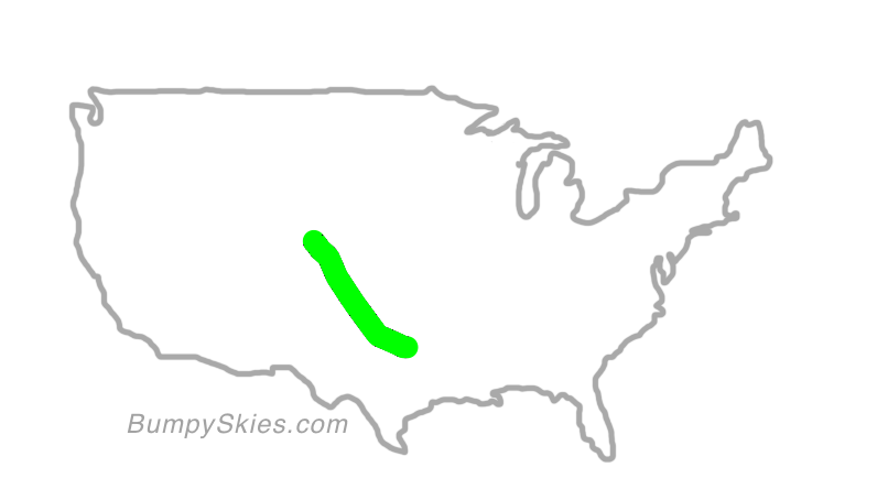 Map of continental US with illustrated flight path and turbulence forecast (described in text below)