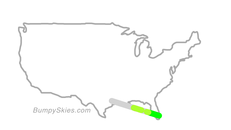 Map of continental US with illustrated flight path and turbulence forecast (described in text below)