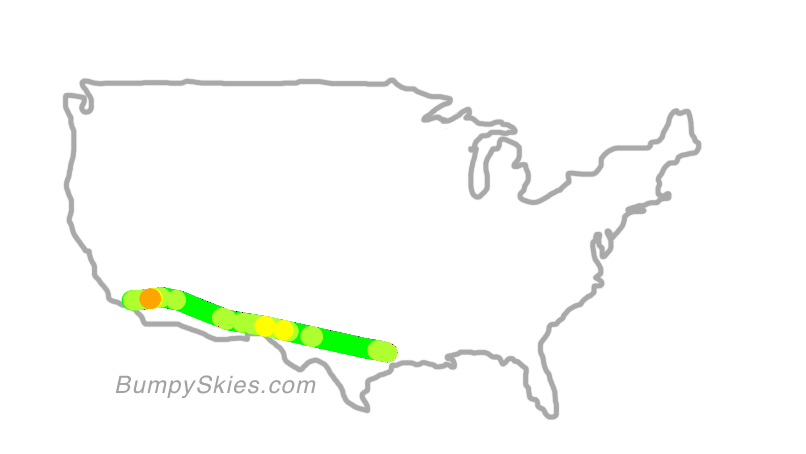 Map of continental US with illustrated flight path and turbulence forecast (described in text below)