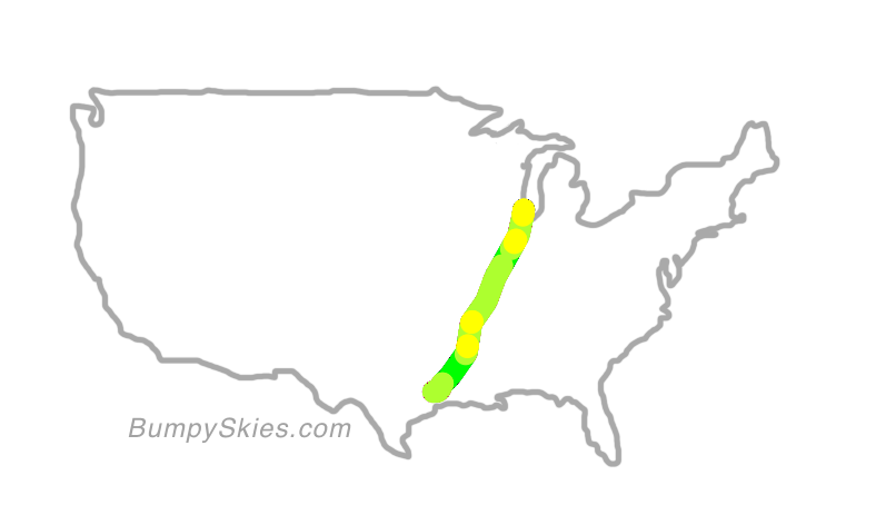 Map of continental US with illustrated flight path and turbulence forecast (described in text below)