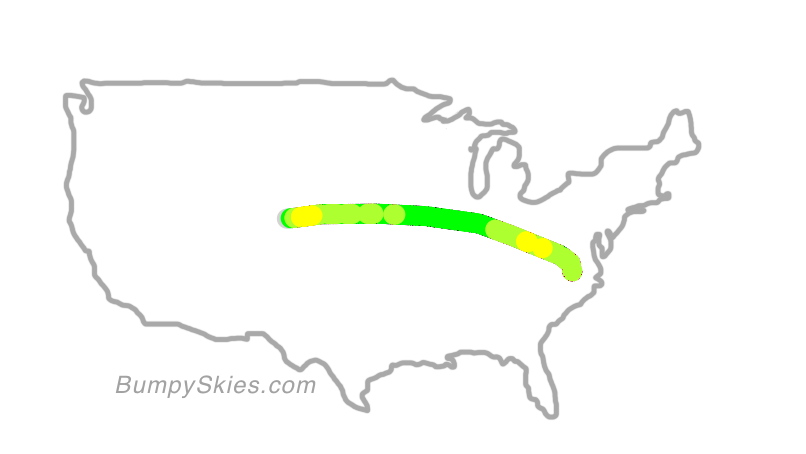 Map of continental US with illustrated flight path and turbulence forecast (described in text below)