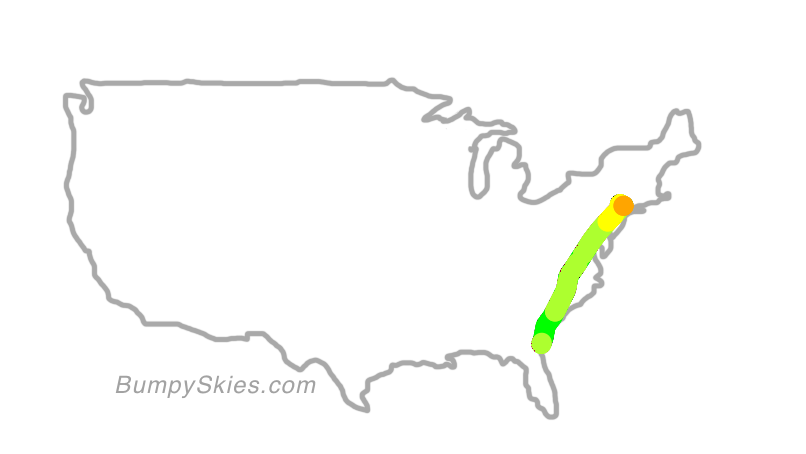Map of continental US with illustrated flight path and turbulence forecast (described in text below)