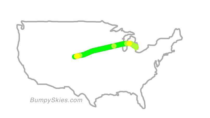 Map of continental US with illustrated flight path and turbulence forecast (described in text below)