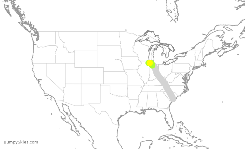 Turbulence forecast map for UAL2680, CHS to ORD