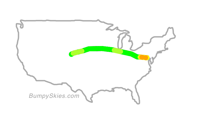 Map of continental US with illustrated flight path and turbulence forecast (described in text below)