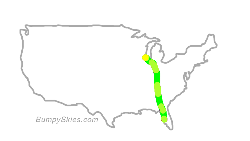 Map of continental US with illustrated flight path and turbulence forecast (described in text below)