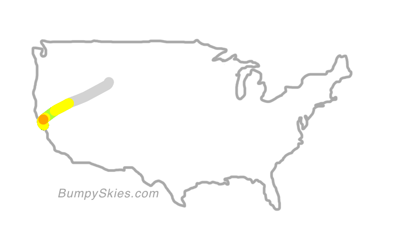 Map of continental US with illustrated flight path and turbulence forecast (described in text below)