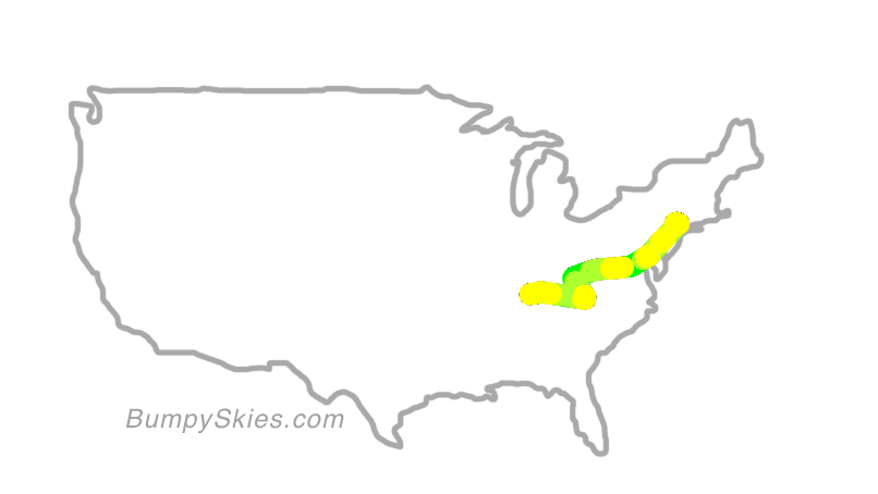 Map of continental US with illustrated flight path and turbulence forecast (described in text below)