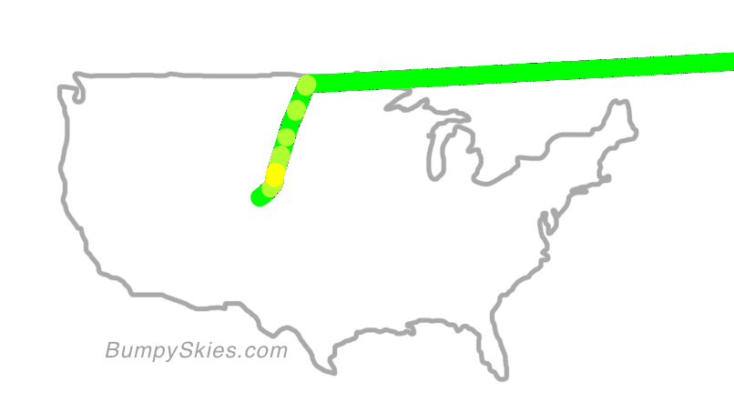 Map of continental US with illustrated flight path and turbulence forecast (described in text below)