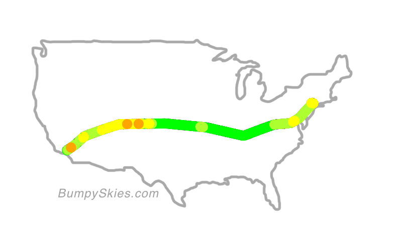 Map of continental US with illustrated flight path and turbulence forecast (described in text below)