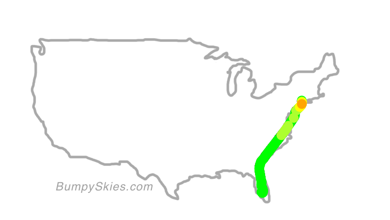 Map of continental US with illustrated flight path and turbulence forecast (described in text below)
