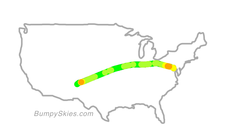 Map of continental US with illustrated flight path and turbulence forecast (described in text below)