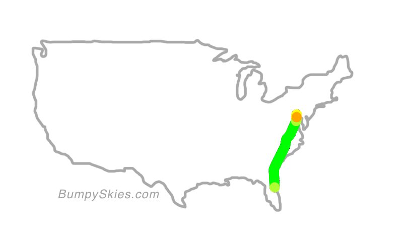 Map of continental US with illustrated flight path and turbulence forecast (described in text below)