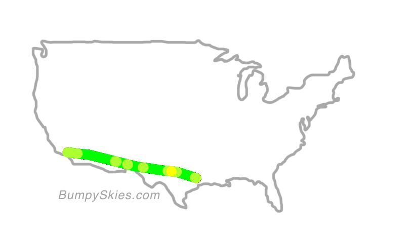 Map of continental US with illustrated flight path and turbulence forecast (described in text below)