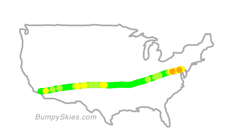 Map of continental US with illustrated flight path and turbulence forecast (described in text below)