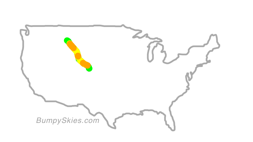 Map of continental US with illustrated flight path and turbulence forecast (described in text below)