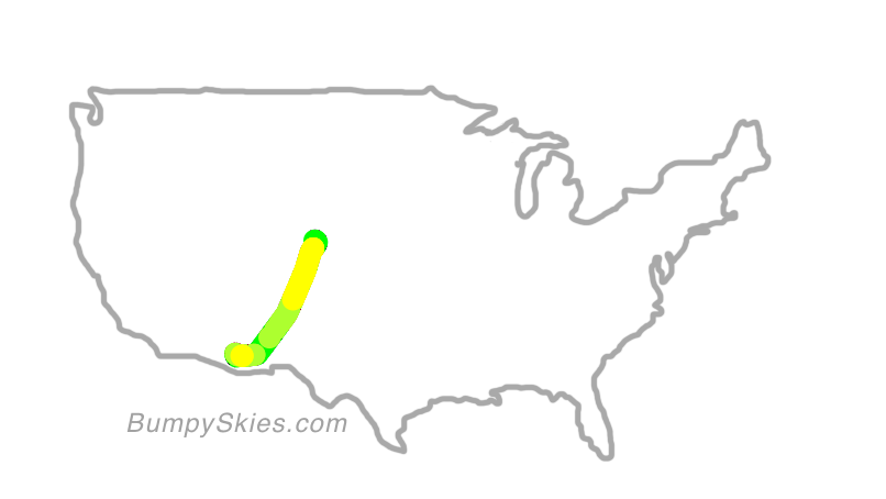 Map of continental US with illustrated flight path and turbulence forecast (described in text below)