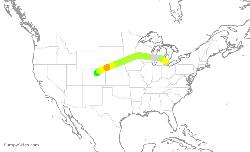 Turbulence forecast map for UAL282, DTW to DEN