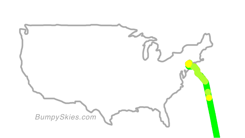 Map of continental US with illustrated flight path and turbulence forecast (described in text below)
