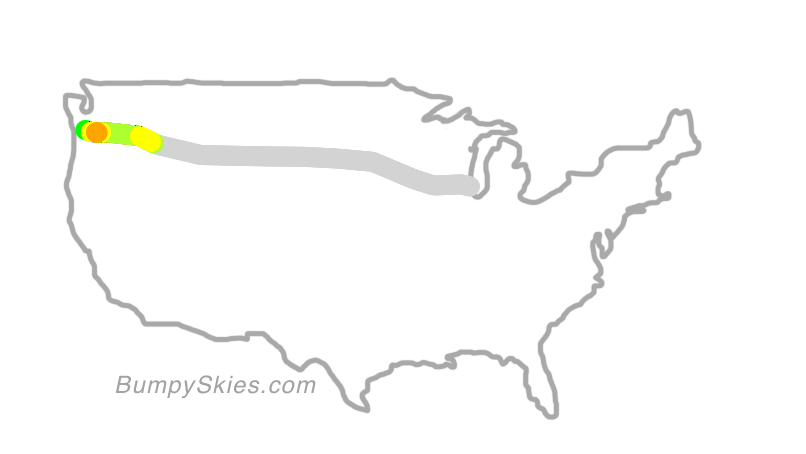 Map of continental US with illustrated flight path and turbulence forecast (described in text below)