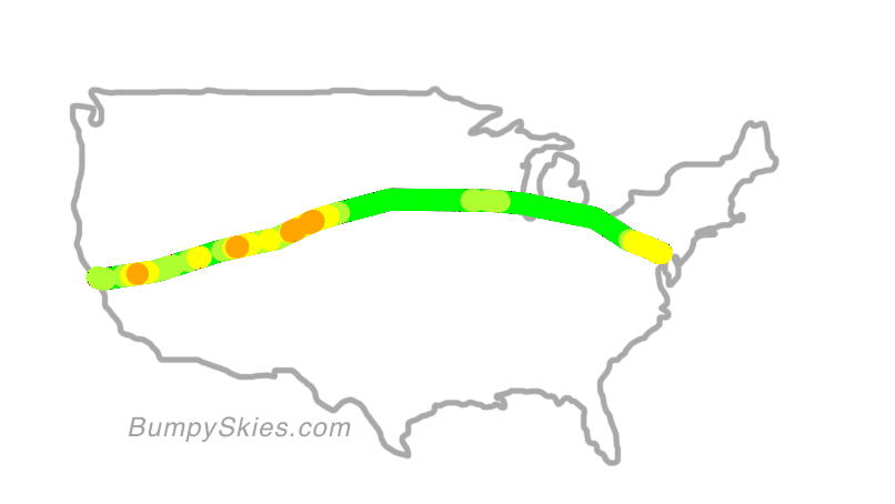 Map of continental US with illustrated flight path and turbulence forecast (described in text below)