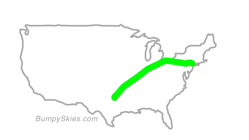 Map of continental US with illustrated flight path and turbulence forecast (described in text below)