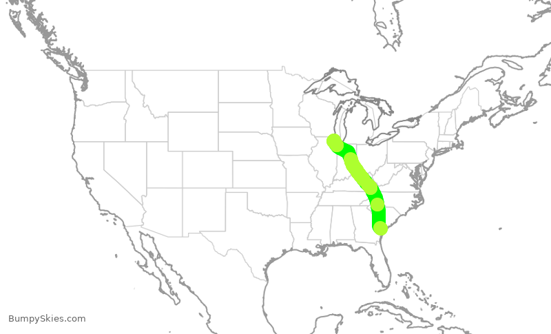 Turbulence forecast map for UAL2857, SAV to ORD