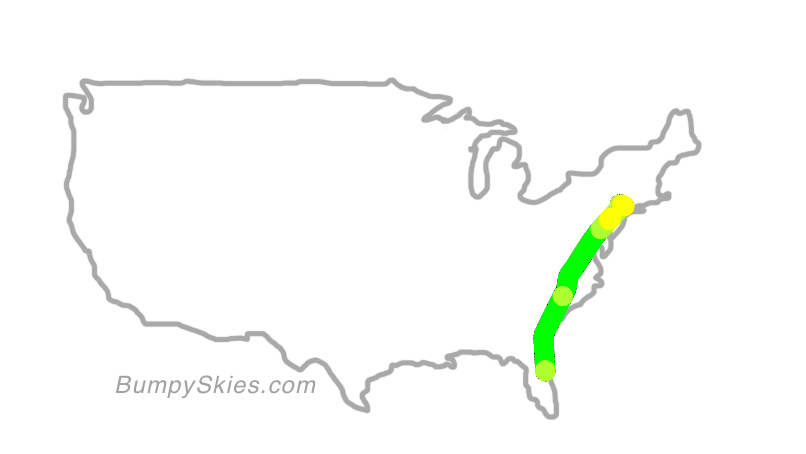 Map of continental US with illustrated flight path and turbulence forecast (described in text below)