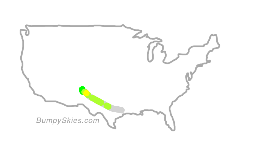 Map of continental US with illustrated flight path and turbulence forecast (described in text below)