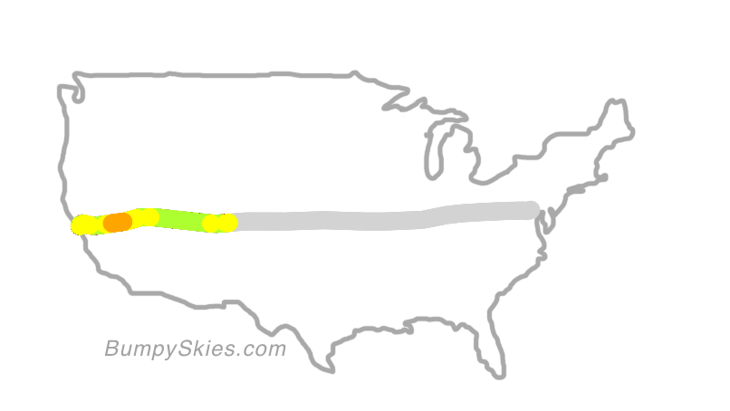 Map of continental US with illustrated flight path and turbulence forecast (described in text below)