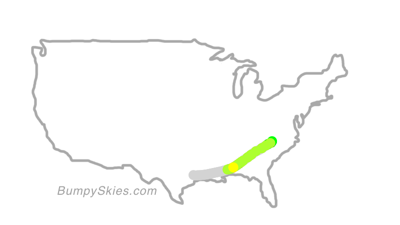 Map of continental US with illustrated flight path and turbulence forecast (described in text below)